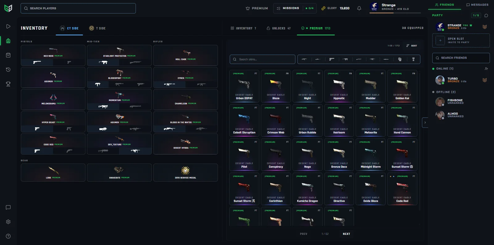 The in-app loadout: skins equipped per side, with the owned and premium skin browser alongside