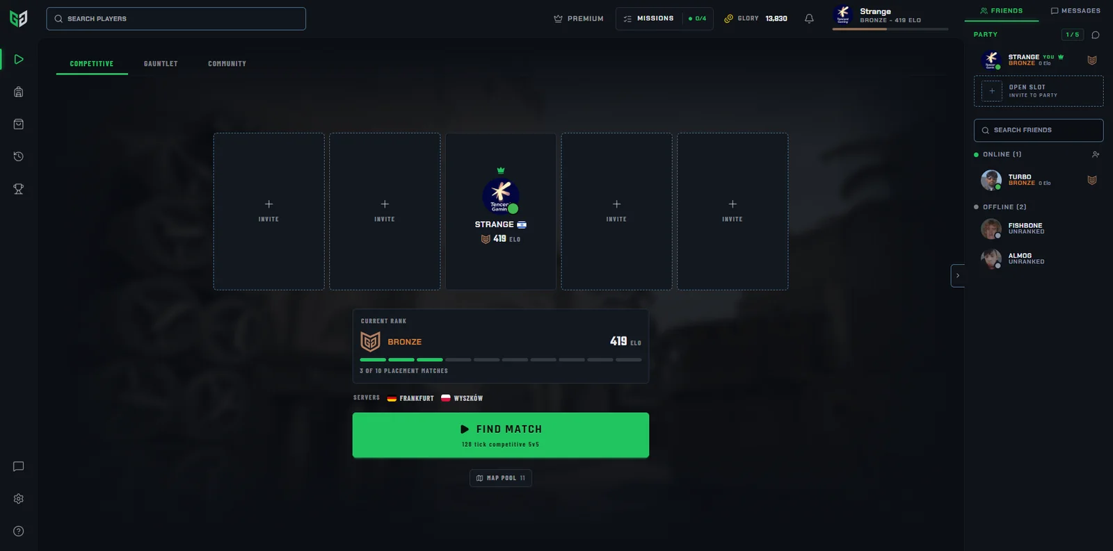 The matchmaking screen: party slots, team rating, rank progress, and the queue