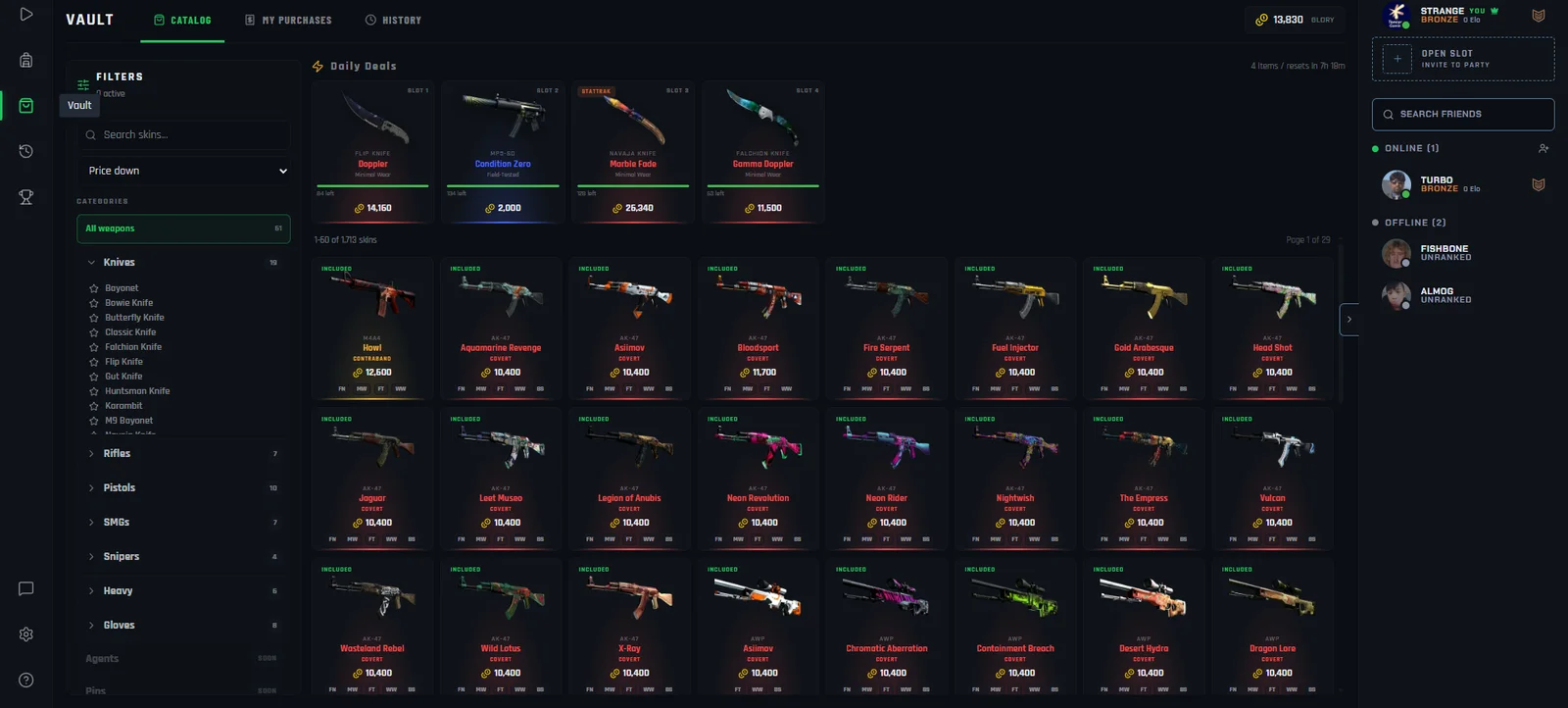 The Glory store: daily deals on a reset timer, backed by the full skin catalog priced in Glory